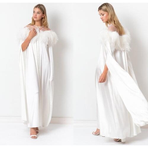 White Silk Dressing Gown with Ostrich Feather A Line Bridal Boudoir Dresses Sleepwear Bathrobes Nightgowns Robe Women Prom Dress