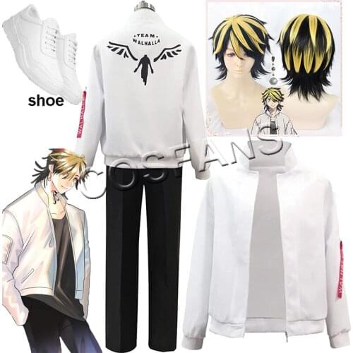 Hanemiya Kazutora Cosplay Tokyo Revengers Costumes White Coat Pants Valhalla Uniform Baseball Coat Mikey Draken Halloween wig