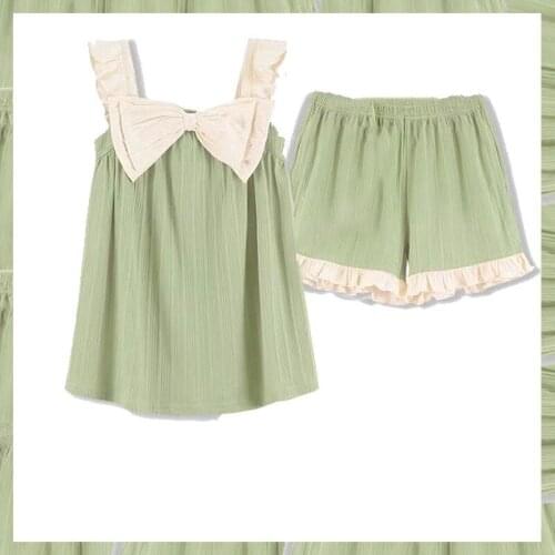 Summer Cotton Girl Bow Pajamas Pijamas Set Sleeveless Spaghetti Strap&Shorts 2PCS Sleepwear Nightwear Oversize 3XL Women Pyjamas