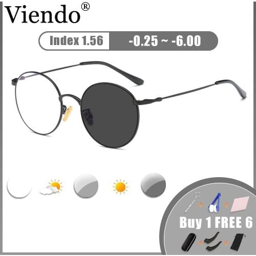 Photochromic Prescription Myopia Eyeglasses Nearsighted -0.5/1.0/1.5/2.0/2.5/3.0/3.5/4.0/4.5 Metal Round Glasses Frame Anti UV