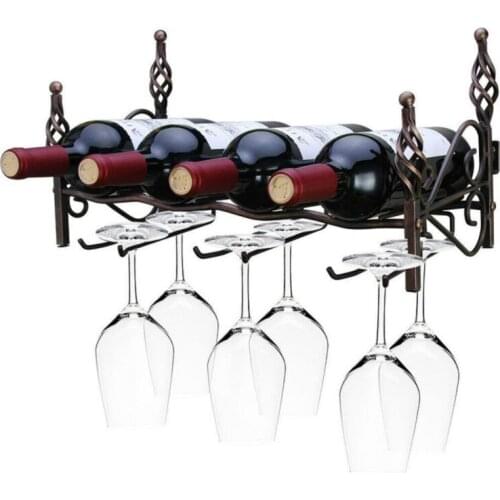 Metal 4 Bottles Bronze Wall Mount Hook Stemware Wine Rack Storage Shelf For Glasses