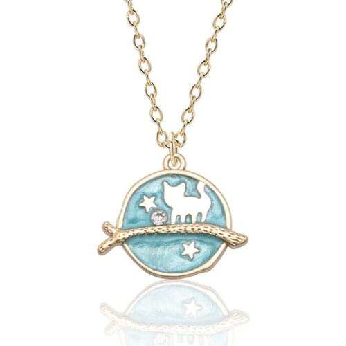 Cute Girl Korea Style Enamel Star Sky Kitty Necklace Women Gold Color Little Star Cat Pendant Necklace Female Jewelry Party Gift
