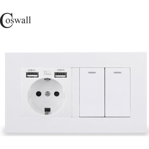 COSWALL EU Standard Wall Socket Grounded With 2 USB Charge Port Hidden Soft LED + 2 Gang 1 Way On / Off Light Switch PC Panel