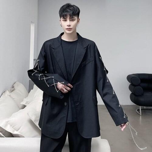 Men Chain Streetwear Vintage Fashion Casual Suit Blazers Jacket Male Punk Gothic Loose Suit Coat Outerwear Stage Clothing