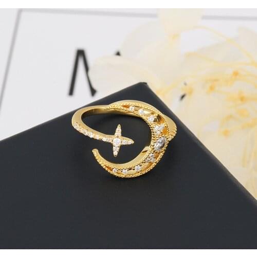 Simple Gold Color Zircon Moon Star Opening Ring For Charming Women Party Jewelry Gift Anillos Mujer Zk30