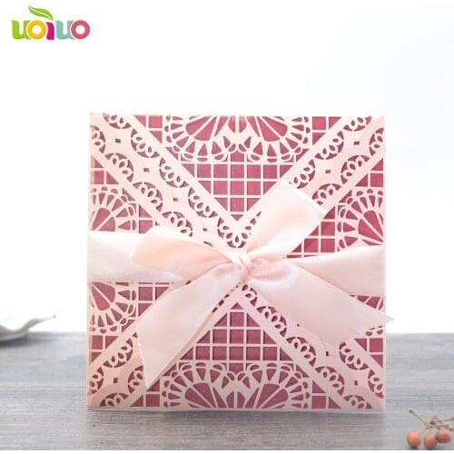 DIY customzied inc242 europe incarnadine four fold Wedding invitations Card, tied rose pink ribbon,print insert,envelope