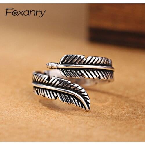 Foxanry Vintage 925 Sterling Silver Opening Rings for Women Couples Creative Simple Feather Handmade anillos Party Jewelry Gifts