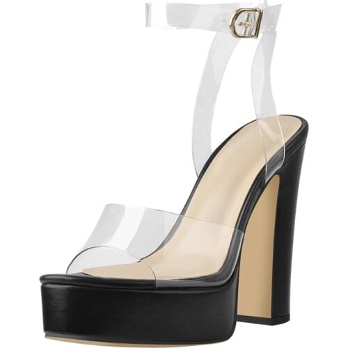 Richealnana Summer Concise Women Ankle Buckle Strap Platform Sandals Chunky High Heels PVC Party Dance Casual Large Size