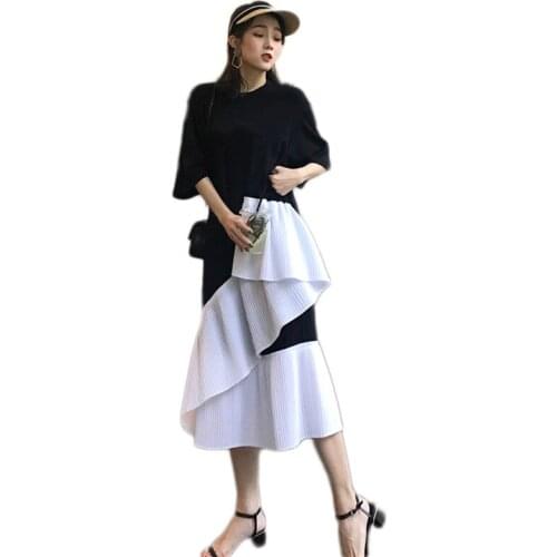 Women Summer Short Sleeve Black T-shirt Skirt O Neck Irregular Stitching Hem Dress Short Sleeve Fashion Casual Chic Midi Dress