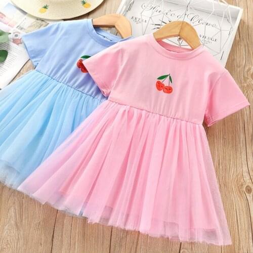2021 New Summer Casual Girls Dress Cherry Print A-line Kids Mesh Dresses for Girl 2 3 4 5 6 7 Year Toddler Children Clothing