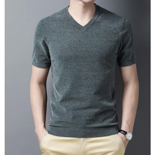 2021 Spring Autumn Male T-shirts Thin Knitted Sweater Short Sleeve V-neck T-shirts Casual Man Plus Size Slim Fit T-shirts B19