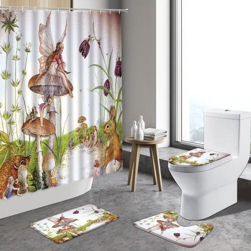 4ocst Set Elf Girl Forest Mushroom Shower Curtains Plant Flower Animal Fantasy Fairy Scenery Anti-Slip Rug Toilet Bathroom Mat