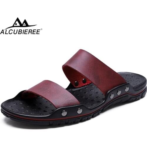 ALCUBIEREE Summer Breathable Peep Toe Sandals Footwear for Man Split Leather Slide Shoe Mens Casual Slip-on Slippers Beach Shoes