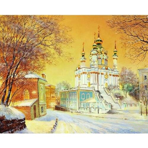 5D DIY Diamond Painting Church Winter Snow Landscape Cross Stitch Kit Full Drill Embroidery Mosaic Picture of Rhinestones Decor