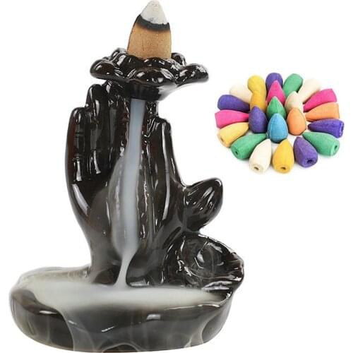 Buddha Hand Incense Burners Ceramic Backflow Incense Burner Holder Lotus Waterfall Aroma Censer with 20 pcs Cones