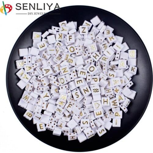 50/100/200Pcs New White +Yellow English Character Plastic Alphabet Beads 4*9mm Double Holes Square Shape Acrylic Letter Beads