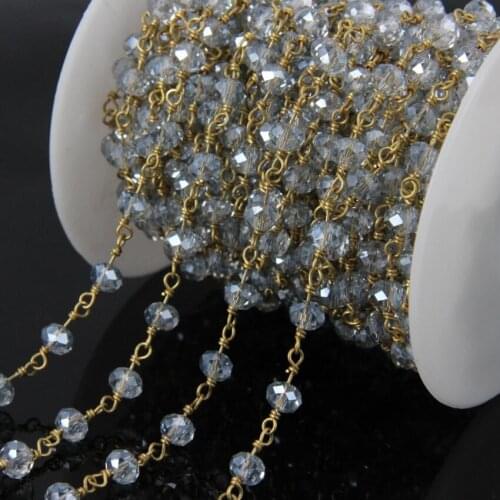 5Meter Light Blue Glass Rondelle beads Rosary Chains,Brass Wire Wrapped Chain bracelet Necklace Jewelry Findings supplies