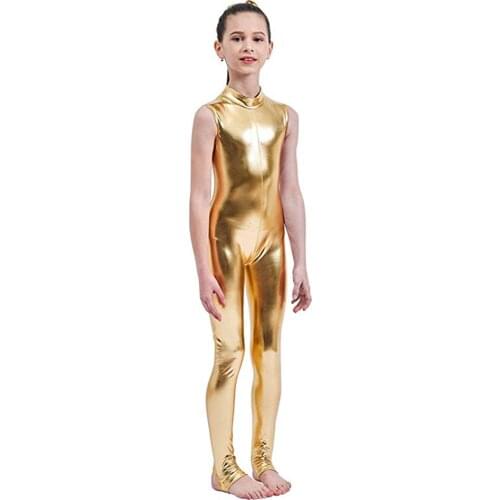 SPEERISE Kids Sleeveless Metallic Unitards Stirrups Dance Gymnastics Leotards Girls Shiny Dancewear Stage Performance Show Suit