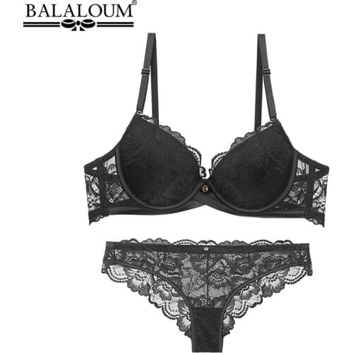 BALALOUM Sexy Push Up Floral Lace Bra Briefs Sets Transparent Panties Comfortable Brassiere Underwear Lingerie BLACK