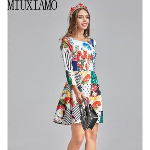 MIUXIMAO 2021 Spring Summer New Fashion Stripe Polka Dot Flower Print Long Sleeve Vintage Party Holiday Casual Dress Vestidos