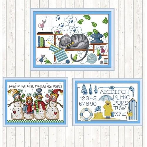 Knitting Cat Cross Stitch Sets 14ct 11ct Count Print Canvas DIY Handmade Needlework Embroidery DMC Cotton Thread Printed Canvas