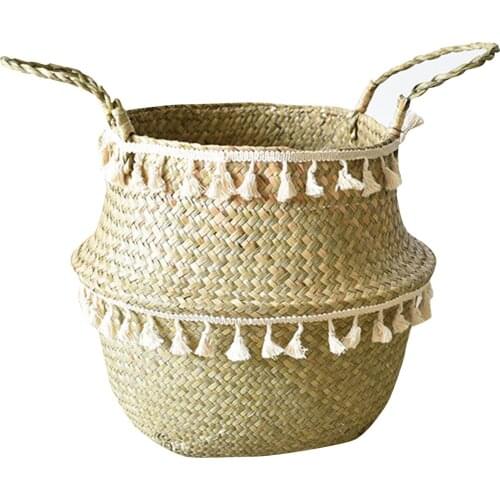 Natural Belly Basket with Tassels Decor Handmade Straw Container Planter with Handle for Home Sundries B1