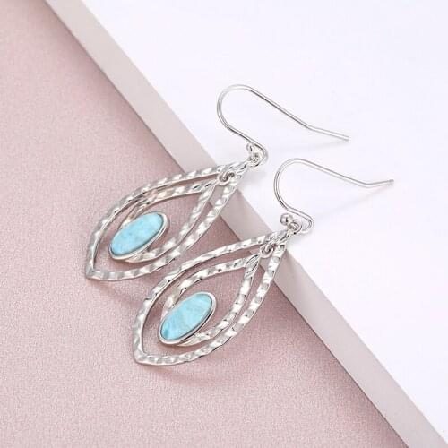 Natural Precious Larimar Earrings for Women Fashion Geometric Round Charm 925 Sterling Silver Jewelry Long Eardrop Gift Classic
