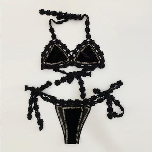 2021New Solid Black Color Womens Swimsuit High Quality Velvet Bikini Set Sexy Handmade Crochet Beach Wear