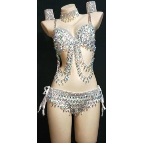 New Sparkly AB Color Crystals Bikini Sexy Prom Outfit Bra Short Shining Birthday Party Costume Women Evening Wear Clothing