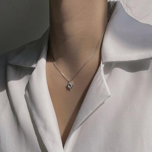 Simple Blue Zircon Necklace For Women Eight-pointed Star Pendant Necklace Fashion Jewelry Clavicle Chain Silver Color Party Gift