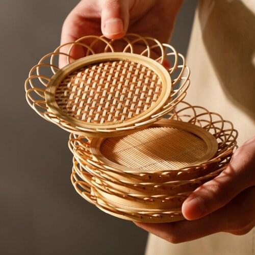 Japanese Style Drink Cup Coasters Tea Pad Bamboo Woven Saucer Mat Non-slip Pot Holder Rattan Dining Table Placemat Home Supplies