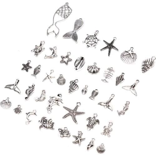 40Pcs/Set Mixed Vintage Sea Animal Charms Seahorse Shell Starfishes Pendant DIY Craft Jewelry Findings Wholesale