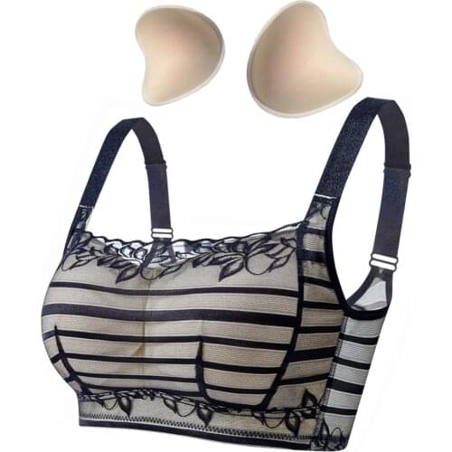 Striped Pocket Bra With One Pair Lightweight Cotton Enhancer For Crossdresser Mastectomy Drag Queen Ajusen