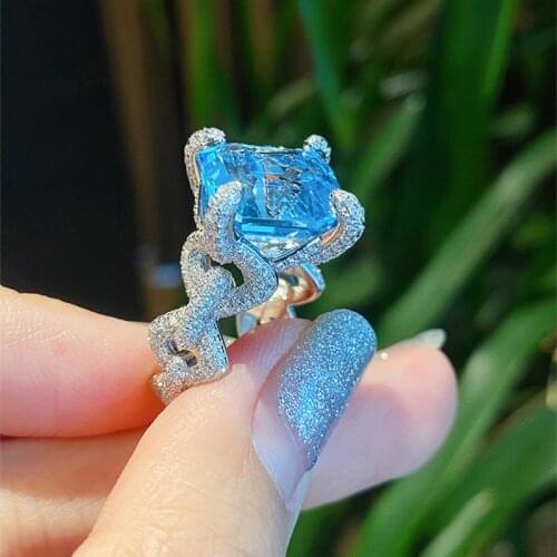 QTT Luxury 925 Silver Ring For Women Blue Big Square Zircon Stone Designer Silver Fine Jewelry Women Party Gift