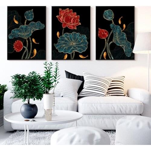 Luxury Marble Texture Lotus Golden Line Art Picture Canvas Poster And Print Wall Art Picture For Living Room Decoration