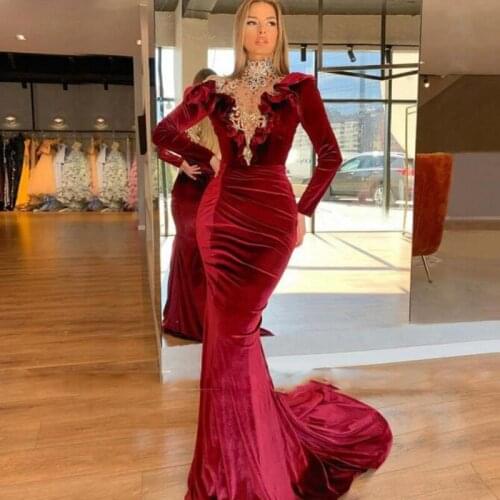 Saudi Arabic Evening Dresses Peplum Pleat Neckline Beaded abendkleider Velour Mermaid Long Party Evening Gowns Crystals