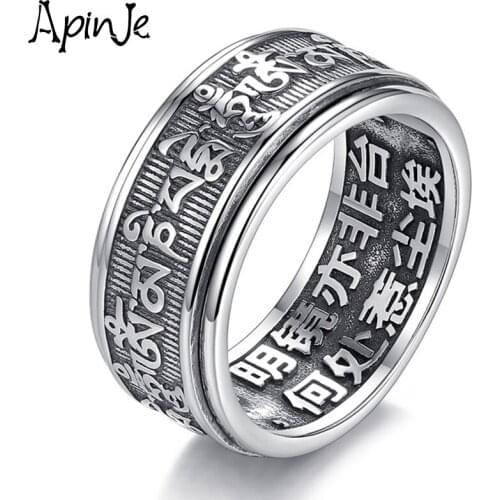 Apinje 925 Sterling Silver Six Words Mantra Rotatable Tail Ring for Men Fashion Jewelry