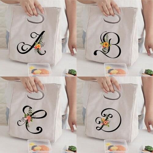 Harajuku Alphabet Black Printing Canvas Lunch Bags Travel Eco Reusable Picnic Pouch Portable Thermal Tote for School Teacher