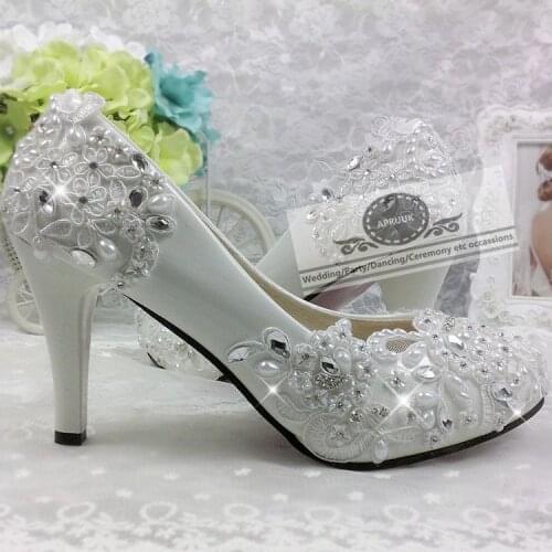 Crystal pearls lace flower wedding shoes woman ladies female HS292 bridal bride party proms dress princess pumps shoes handmade