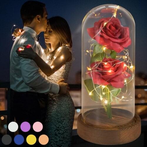 LED Enchanted 2 Roses Beauty and The Beast Eternal Flowers In Glass Dome Romantic Gift for Wedding Birthday Valentine Christmas