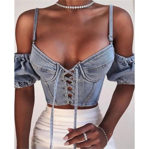 2020 Tank Tops Denim Lace-Up vest Camisole PatchworkElastic Vintage V Neck Corset Female Clothes Fashion Puff Sleeve Bandage top