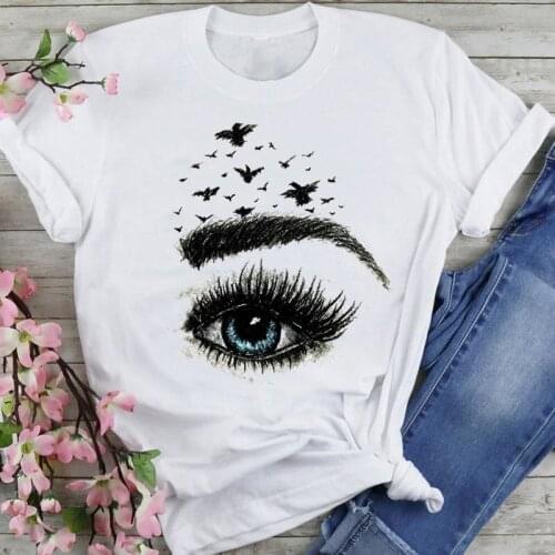 Women Graphic Eye Sweet 90s Eyelash Make Up Cartoon Summer Fashion Female Clothes Print Short Sleeve Tops Tees Tshirt T-Shirt