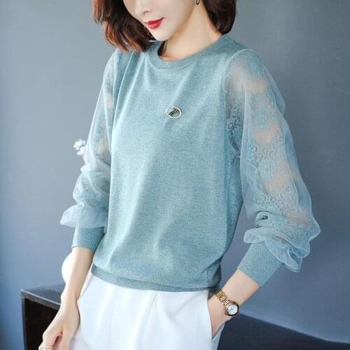 Women Spring Autumn Style Knitted Blouses Shirts Lady Casua Long Lace Sleeve O-Neck Knitted Blusas Tops DD8857