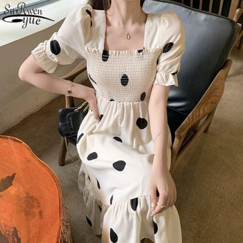 French Style Vintage Bubble Sleeve Short Sleeve Dress Women Square Collar Niche Wave Point Long Dress Female Robe Vestidos 14105