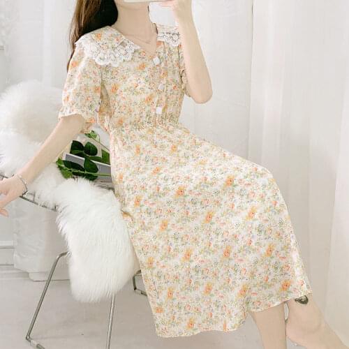 Dresses Women Summer 2021 Vintage Floral Print French Vintage Lace Peter Pan Collar Sweet Sexy Womens A-Line Dress Vestidos Y355