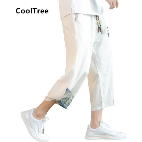 CoolTree Men Cotton linen pants Spring summer Chinese style Solid color Printing Casual Trousers Male Loose Pants New Sweatpants