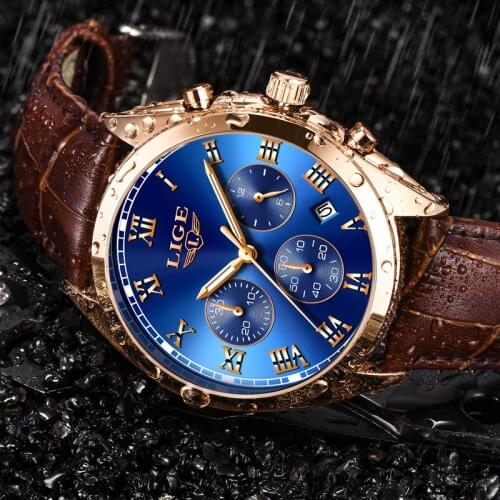 Mens Watches LIGE Top Brands Luxury Mens Military Sports Watch Mens Leather Waterproof Watches Mens Chrono Date Quartz Clock