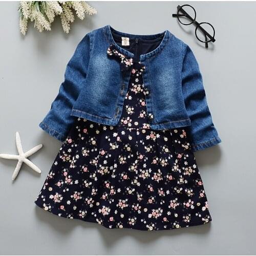 2020 Spring Fall Female Child Denim Coat + Floral Vest Dress 2 Pcs Set Girls Fashion Clothing Suit Baby Kid Clothes Twinset X351