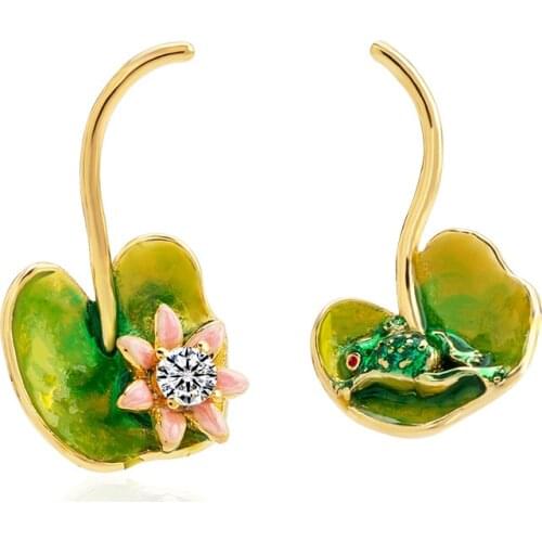 Enamel Elegant Chinese Cute Lotus Leaf Frog Earrings For Women Fashion Jewelry Accessories S925 Needle Copper Ears