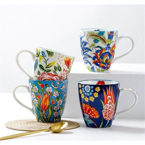 European Ceramic Hand Painted Flower Coffee Mug Large Capacity Embossed Breakfast Milk Mug Office Tea Water Cup Drinkware 550ML